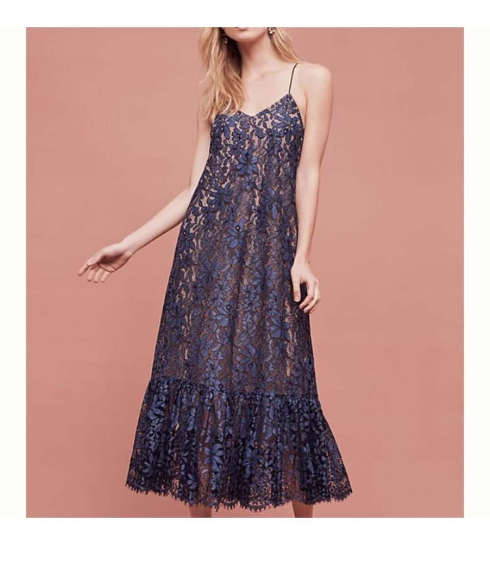 Anthropologie Moulinette Soeurs Celestial Floral Lace Maxi Dress Navy Nude SZ 6